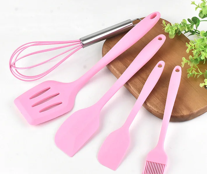 

Hot Selling Heat Resistant Cookware Accessories Tools 5 pcs Pink Food Grade Non Stick Silicone Kitchen Tools Utensil Set, Pink,customizable