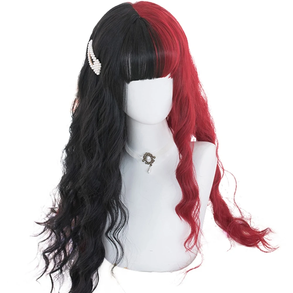 

Mcoser 70CM Lolita Cosplay Wig Long Curly Halloween Half Black Mixed Red Ombre Bangs Fringe Synthetic Party perruques Lolita Wig