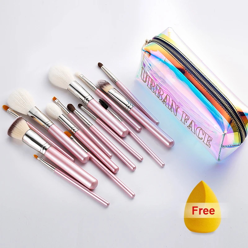 

HXT-009 fashion luxury glitter make up brush bling pink professional 14pcs makeup brushes set with TPU laser bag private label