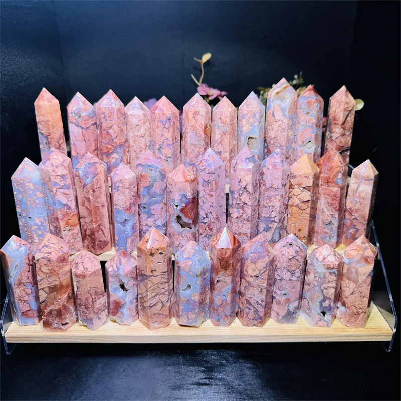 Natural Wholesale Price Crystal Pink Agate Tower Druzy Petal Agate Point   for Healing