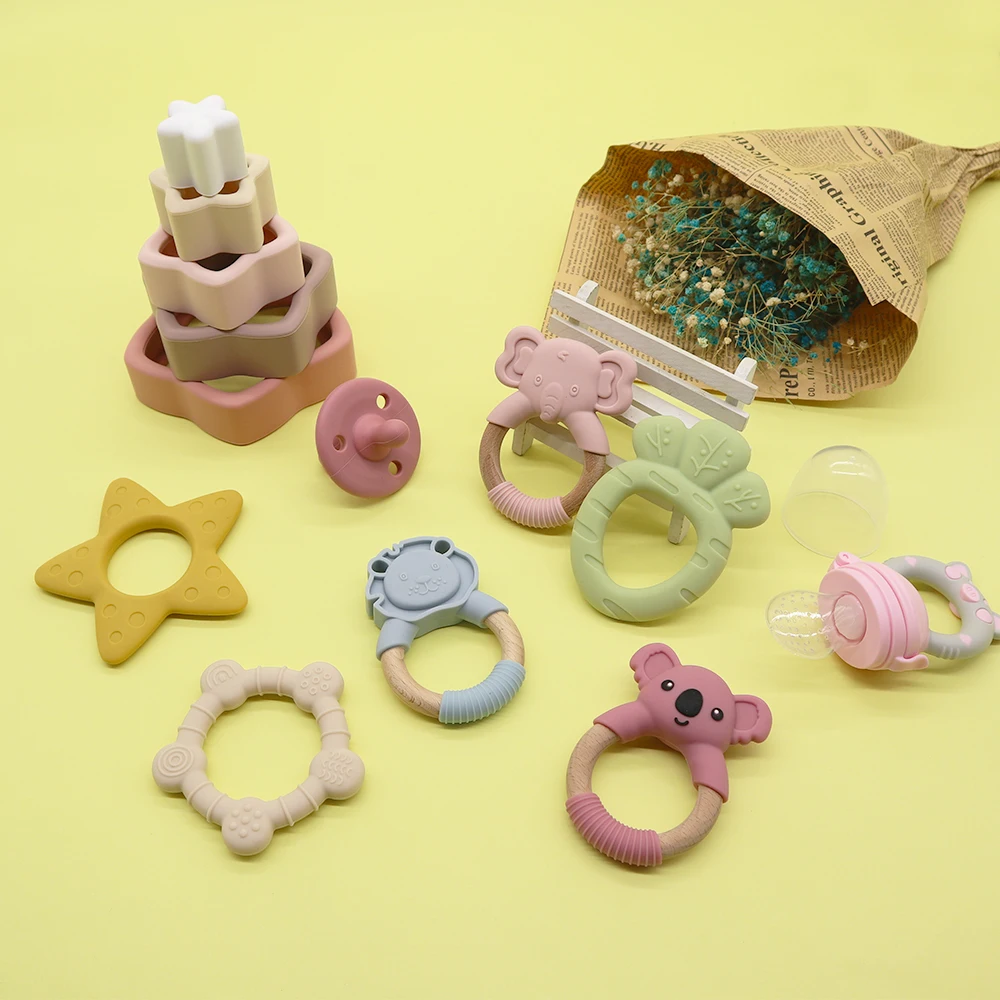 

Melikey New Deign Wholesale Food Grade Pacifier Feeder Wood Ring Silicone Teething Teether Baby