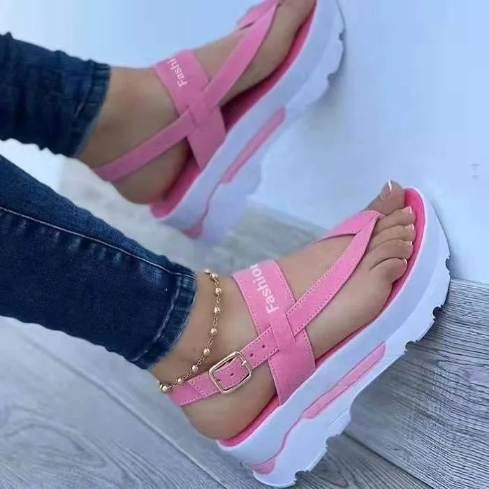

Fashion wedge platform slotted buckle flip-flop anti-slippery cross strap thick sole women ladies beach designer sandals, Black/pink/light blue