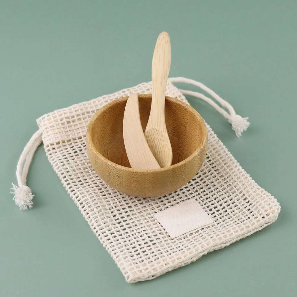 

Mesh Bag Packaging Bamboo Facial Mask Bowl & Spatula and Spoon Sets for Face Skin Care DIY Mixing Clay Jelly Gel Tools