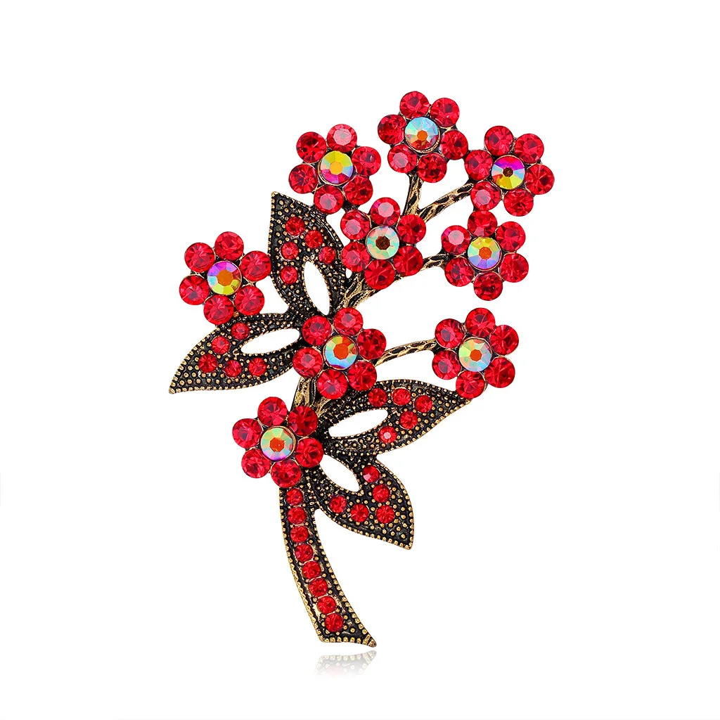 

Beautiful Rhinestone Flower Brooch Retro Red Corsage Pin Leaf Pendant Jewelry Design Brooches Crystal Fashion Jewelry