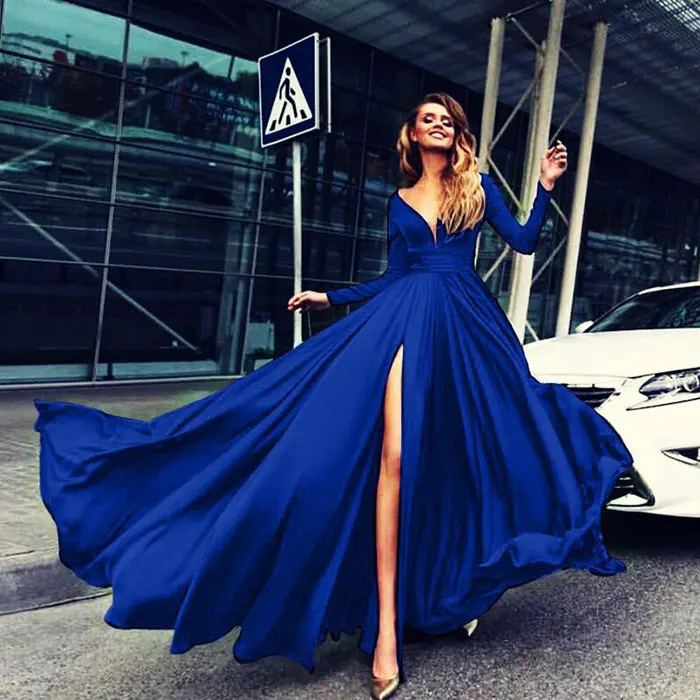 

2020 Euramerican foreign trade hot sale new style dresses hot style sexy deep V-neck long sleeve prom dresses ball-gown skirt