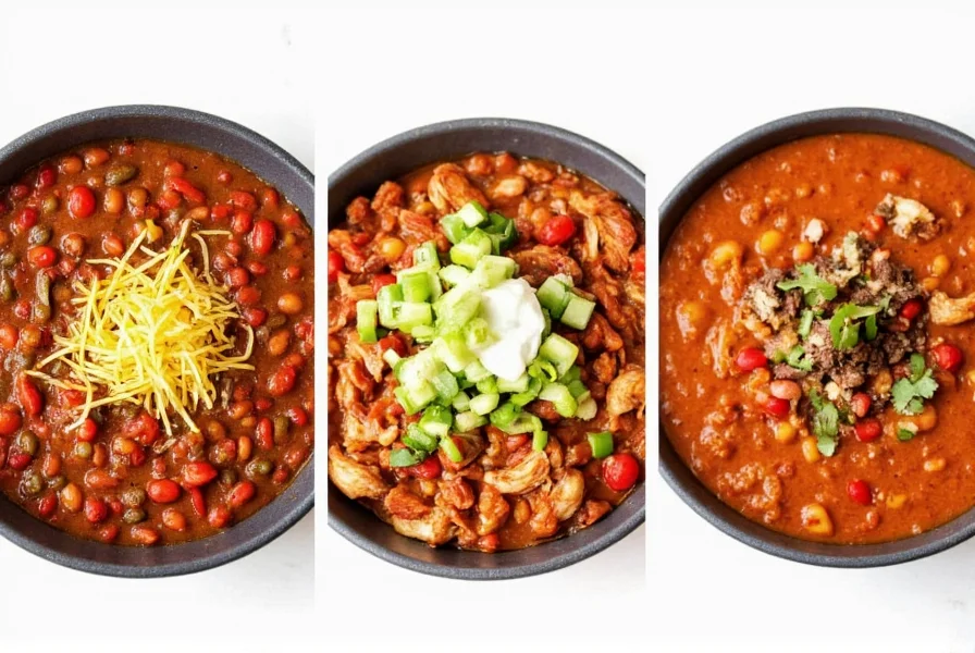 Variations of Instant Pot chili including vegetarian, white chicken, and spicy three-bean versions served in bowls with different toppings