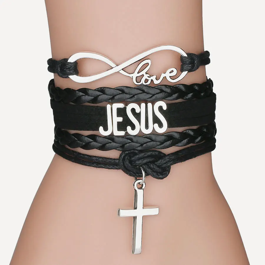 

Multilayer Braided Leather Bracelet Jesus Letter Bracelet Infinity Love Cross Religious Jewelry Wristband