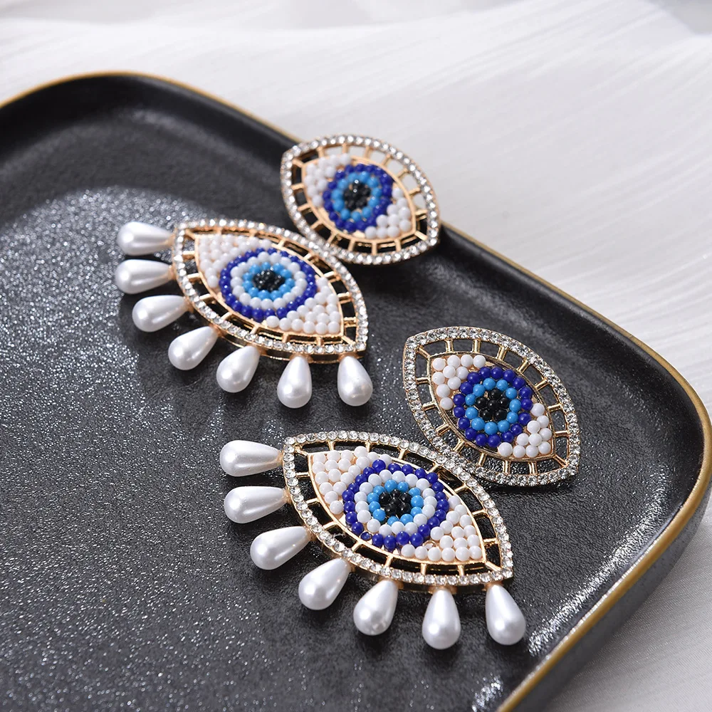 

Bohemia Style Blue Double Evils Eyes Beaded Drop Earring Baroque CZ Pearl Bead Evils Eyes Earring For Women