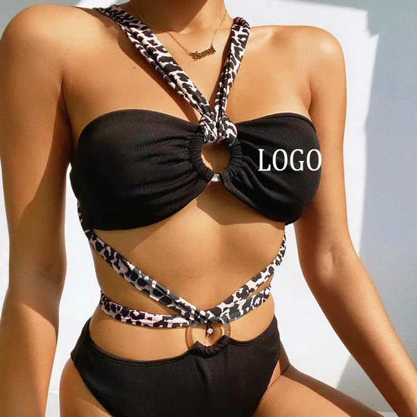 

2021 New Fashion Foreign Trade Hot Style Female Split Swimsuit Leopard Print Sexy Strappy Bikini
