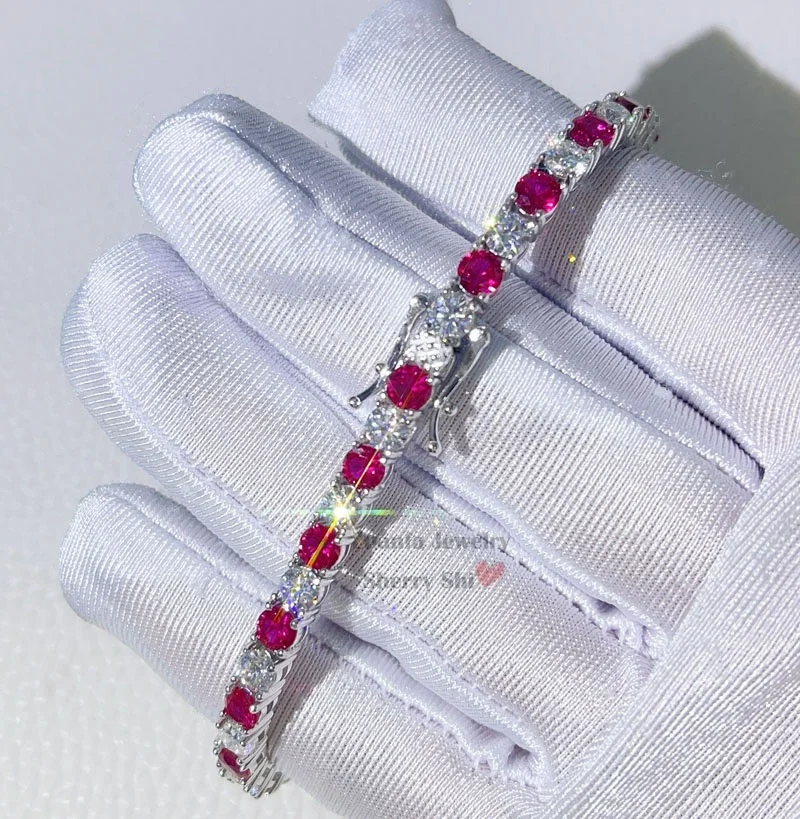 

Zuanfa Jewelry 10K 14K 18K White Gold Moissanite Mix Synthetic Ruby 4MM Diamond Tennis Bracelet