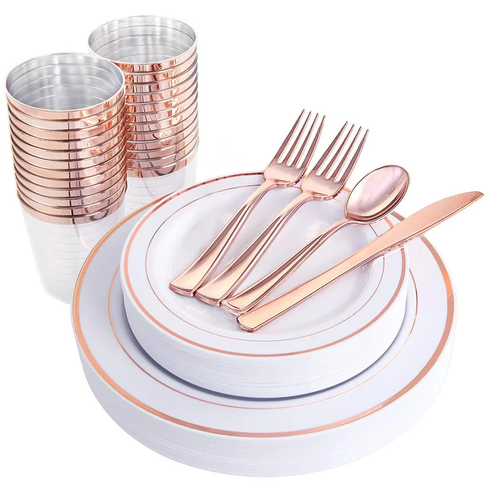 

Wholesale 150pcs Rose Gold Disposable Plastic Round Charger Plates Plastic Plate Making Machine Price For Wdding Decoration, Customized color