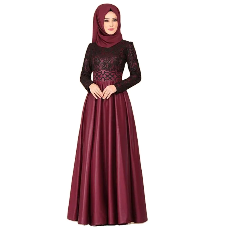 

Women Elegant Long Sleeve Turkish Islamic Robe Floral Conservative Dresses Plus Size Lace Retro Muslim Evening Dress