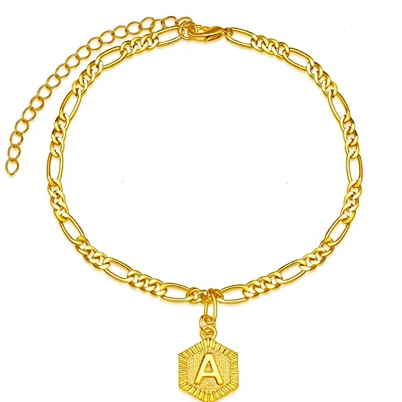 

Initial Bracelets 18K Gold Plated Figaro Chain A-Z Letter Alphabet Teen Girls Beach Foot Jewelry Anklets Women