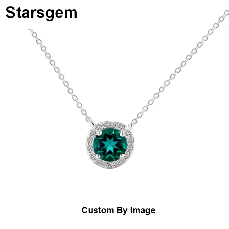 

Starsgem Synthetic 5mm Round Shape Emerald Silver Halo Necklace