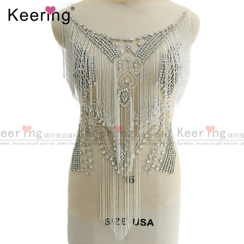

Beautiful shiny rhinestone beaded patch bodice applique on prom tassel dress for evening party WDP-055, Gold color