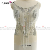 

Beautiful shiny rhinestone beaded patch bodice applique on prom tassel dress for evening party WDP-055