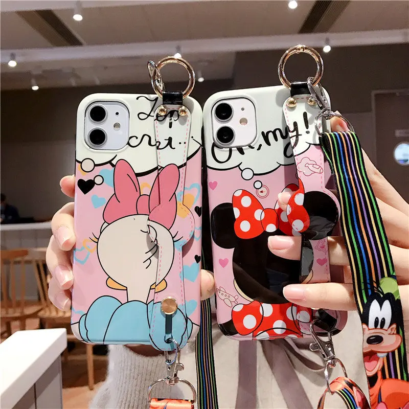 

daisy duck lanyard strap necklace Minnie Case For iphone 12 pro max 12 Mini 11 XS X Soft cartoon Cover, Colorful