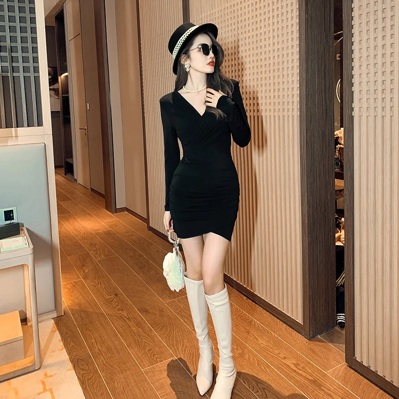 

Black Friday Promotion 2021 Autumn Winter Women Dress Female Body Fitting Female V Neck Gown Dresses