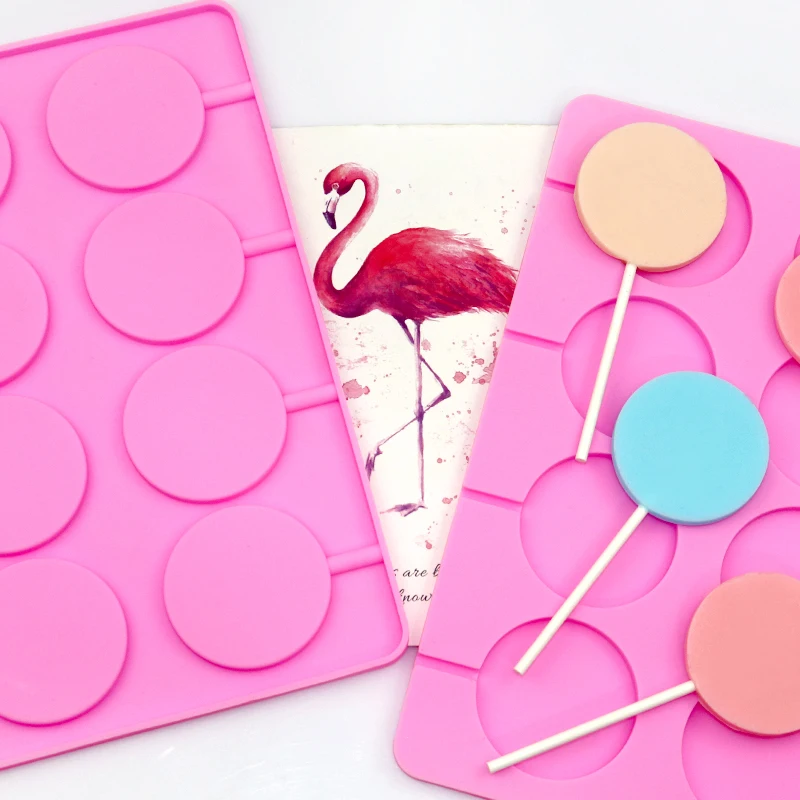 

1013 factory stock 8 hole round shape silicone lollipop mold, home diy hand make chocolate mold with 20 pcs plastic stickers