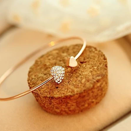 

Korean Edition Jewelry Full Diamond Heart Bracelet Opening Gold-plated Bracelet Double Heart S03 Jewelry