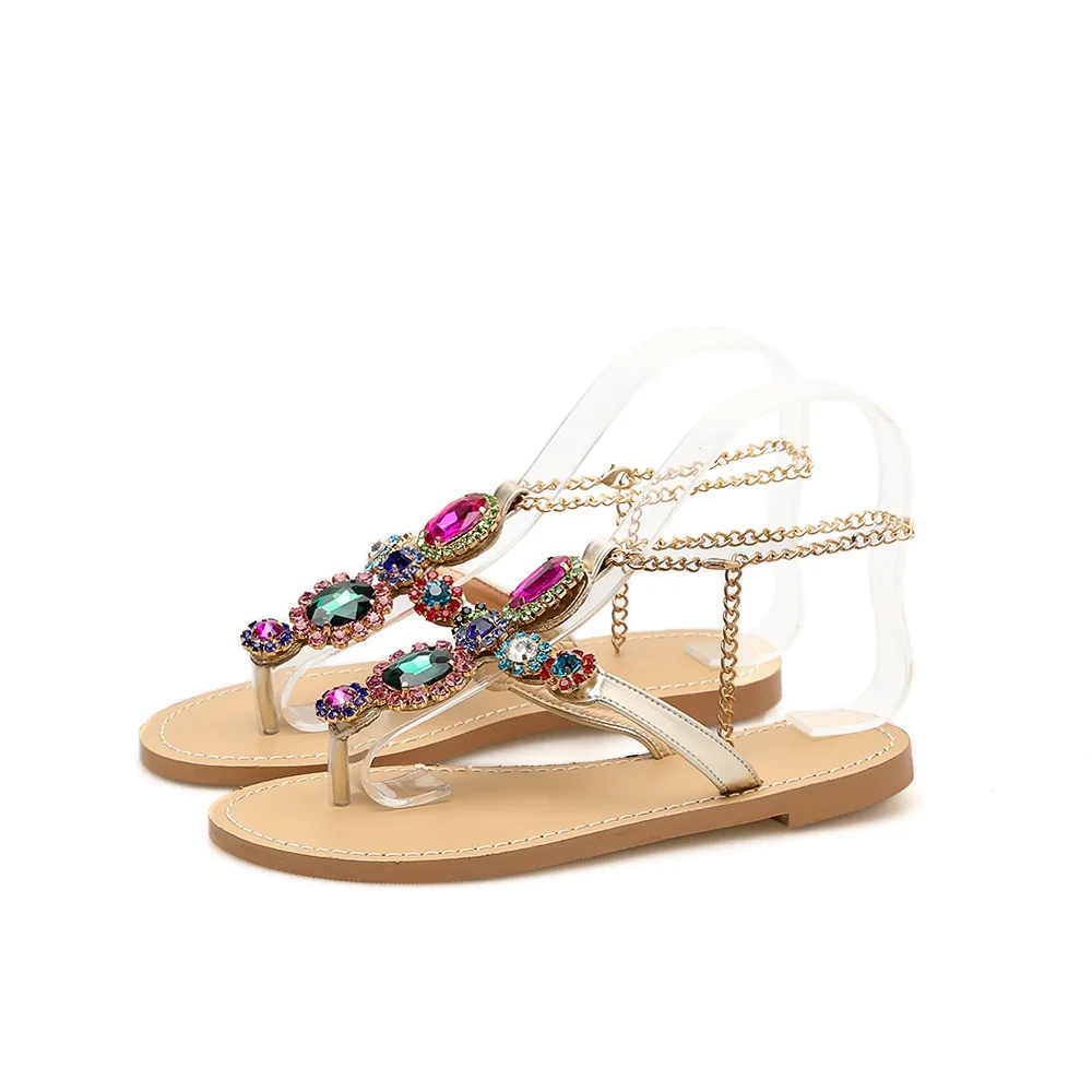 

Custom Image Fashion Ladies Sandals Plus Size Flat Bling Rhinestone Flip-Flop Ankle Chain Women Summer Sandals