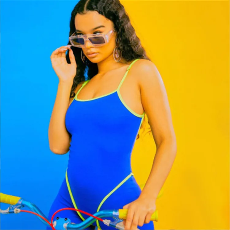 

New Women Sleeveless Fitness Playsuit Striped Patchwork Push Up Skinny Casual Bodysuit Biker Shorts Jumpsuit Black Blue, Custom color