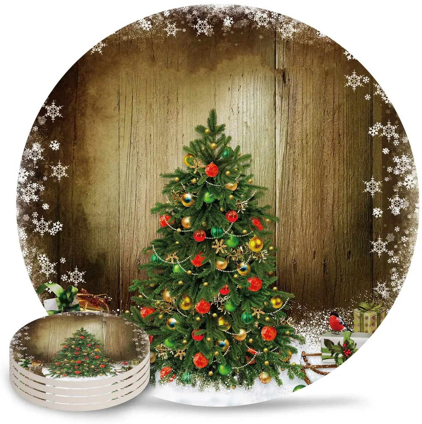 

Christmas tree pattern ceramic coaster OEM custom sublimation light coaster