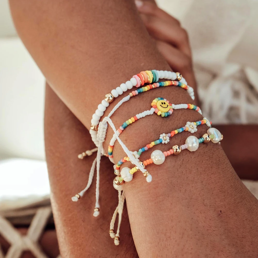 

Go2Boho Freshwater Pearl Bracelet Stackable Smiley Daisy Flower Rainbow Beaded String Bracelets for Women Summer Beach Jewelry