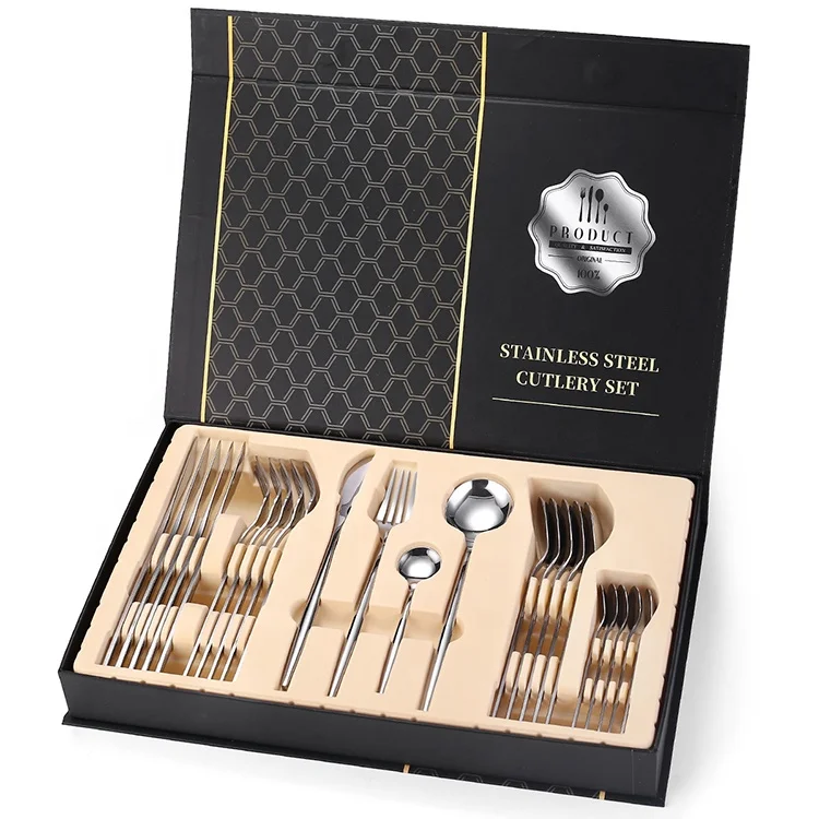 

Eco Wedding Shiny Gold 24 Piece with gift Box Rose Cutlery Set Stainless Steel