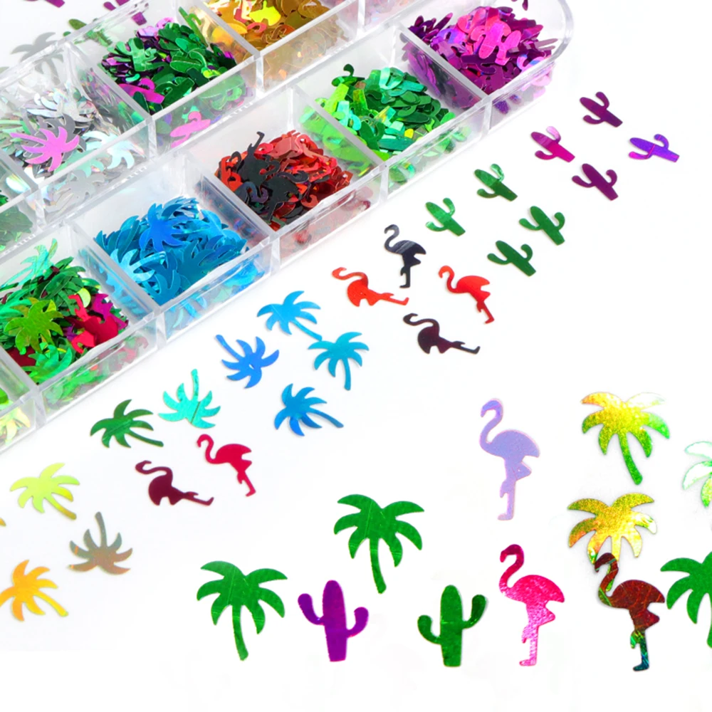 

Summer Palm Tree Flamingo Nail Art Glitter Sequins Sparkling Cactus Design 3D Holographic Chunky Glitter Flake Nails Accessories