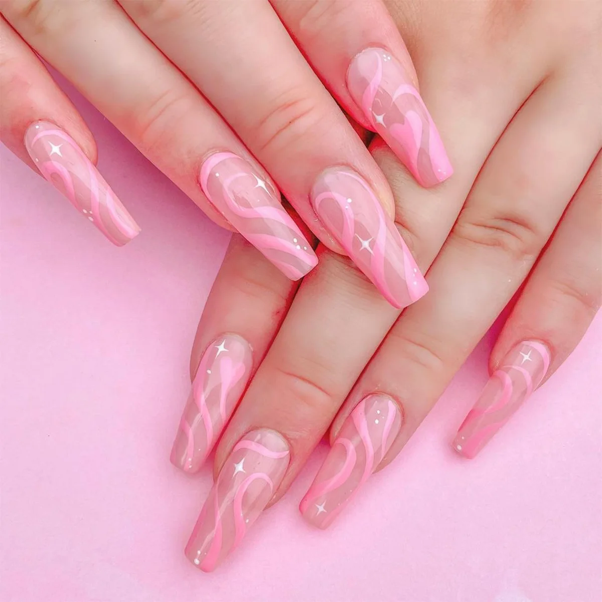 

2021 Hot Style Long False Nails Art Nail Pink Wave Star Press On Nails Tips Waterproof Artificial Fingernails