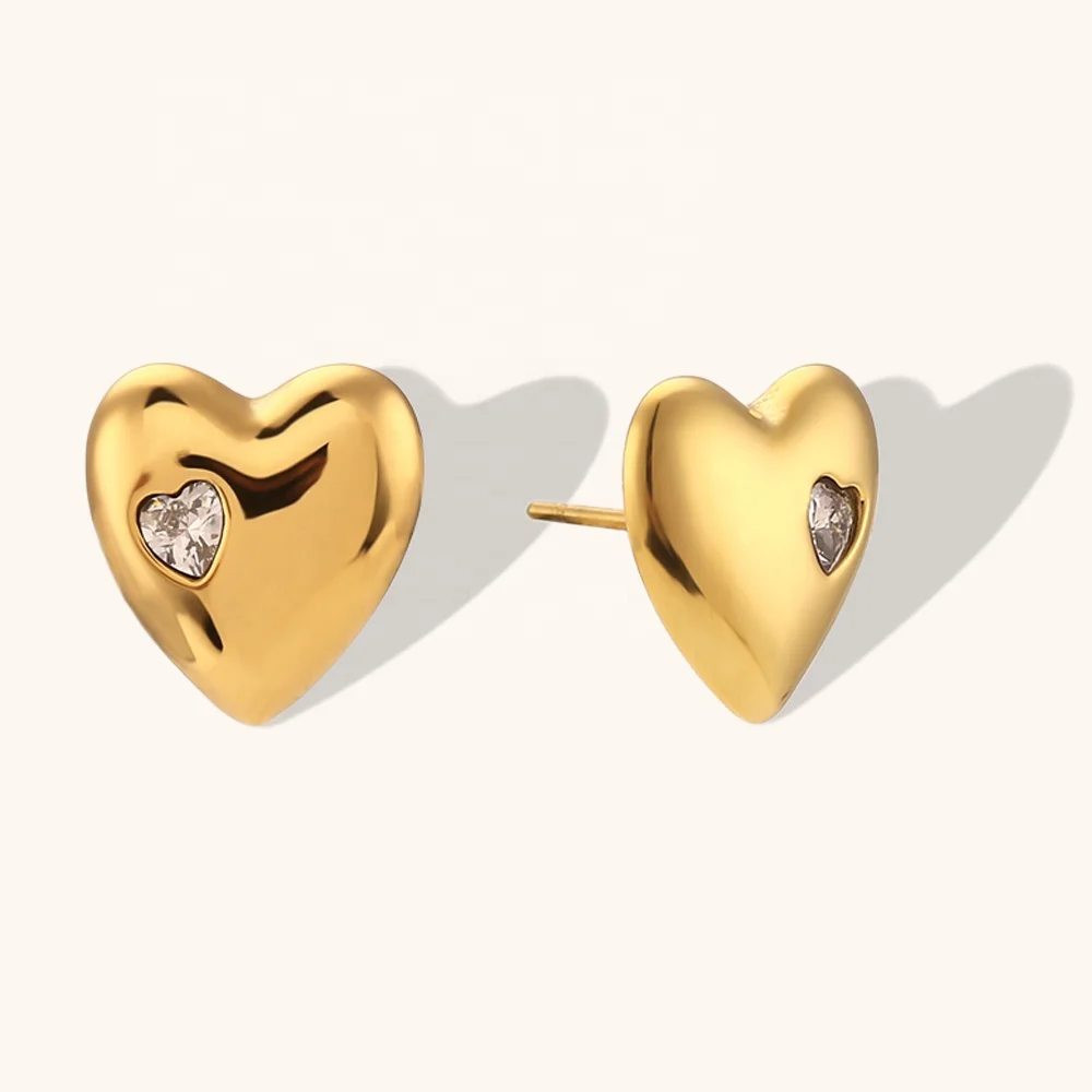 

Ding Ran Waterproof 18K Gold Plated Heart Stud Earrings Stainless Steel Zircon Earring For Girls