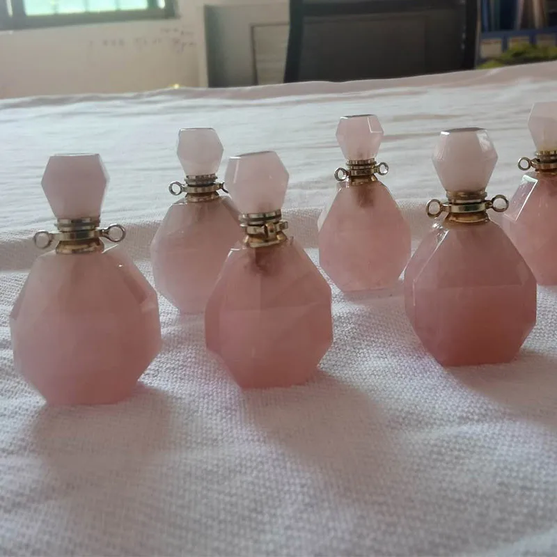 

Hot Sale Natural Pink Crystal Perfume Pendant Rose Quartz Oil Bottle Stone Pendant Necklace For Woman, As picture