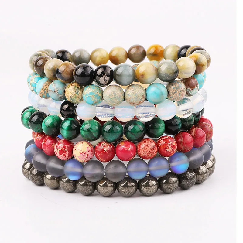 

High Quality 8MM Natural Stone Gemstone Tiger Eye Amethyst Rose Quartz Beads Custom Logo Elastic Bracelet Men Women