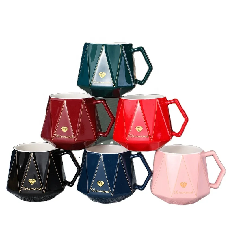 

Nordic Creative Diamond Couple Mug Office Ceramic Custom Coffee Mug Milk Coffee Mugs Wedding Gift, Black,white