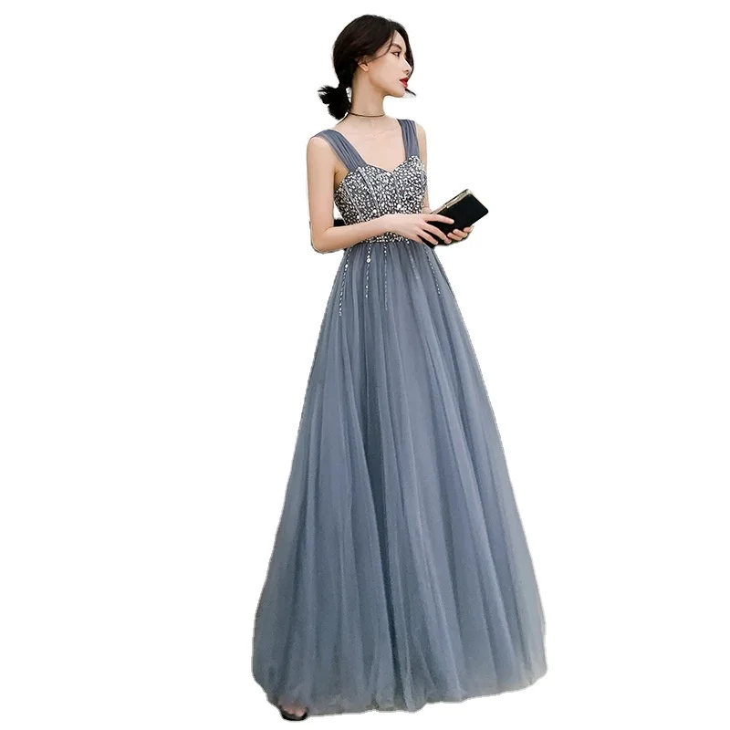 

2021 New Long Model Host Dress Skirt Banquet Temperament Light Luxury Ladies Sequined Tulle Evening Dresses, Picture