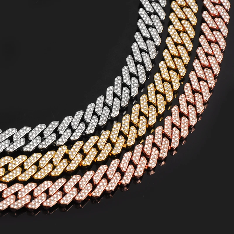 

12mm Diamond Cuban Link Choker in White Gold Rose Gold Women Hip Hop Jewelry Cuban Link Prong Necklace Bracelet, White gold/gold/rose gold