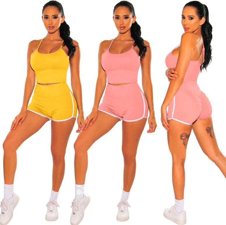 

Summer Sportswear Solid Color Halter Crop Tops Shorts Jogger Sweatpant Tracksuit Two Piece Matching Set