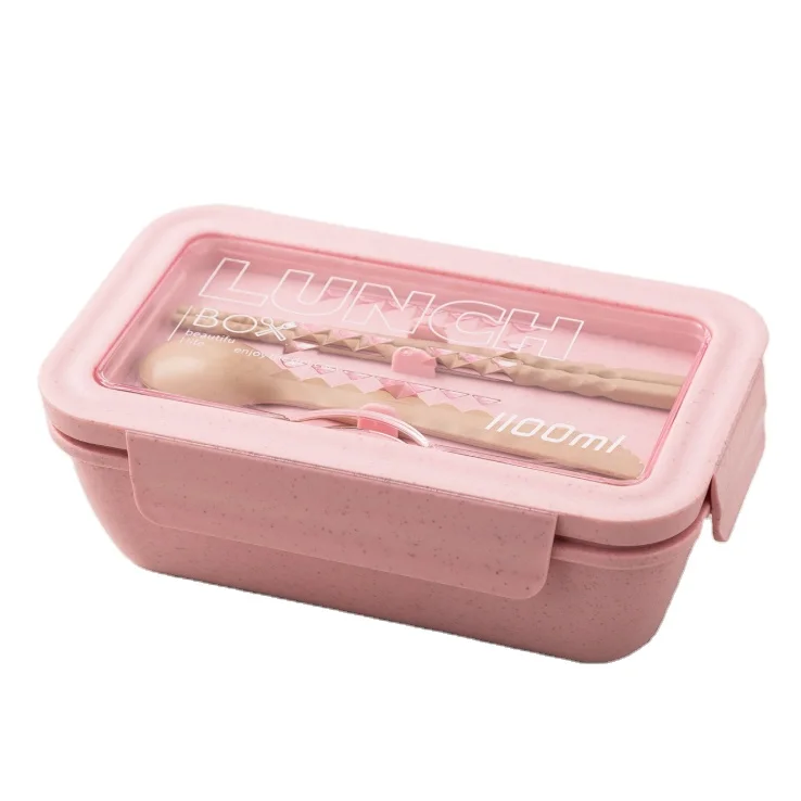 

Custom Logo Wheat Straw Kids Bento Lunch Box Microwavable PP Plastic 2 Grid Lunch Container with Cutlery, Wheat green ,wheat pink,beign