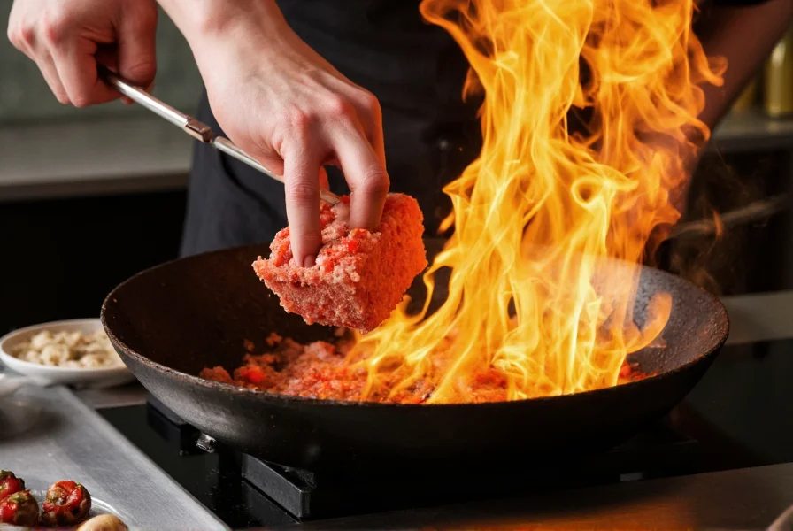 Chef adding frozen chili brick to hot wok for stir-fry, showing sizzle and integration into dish