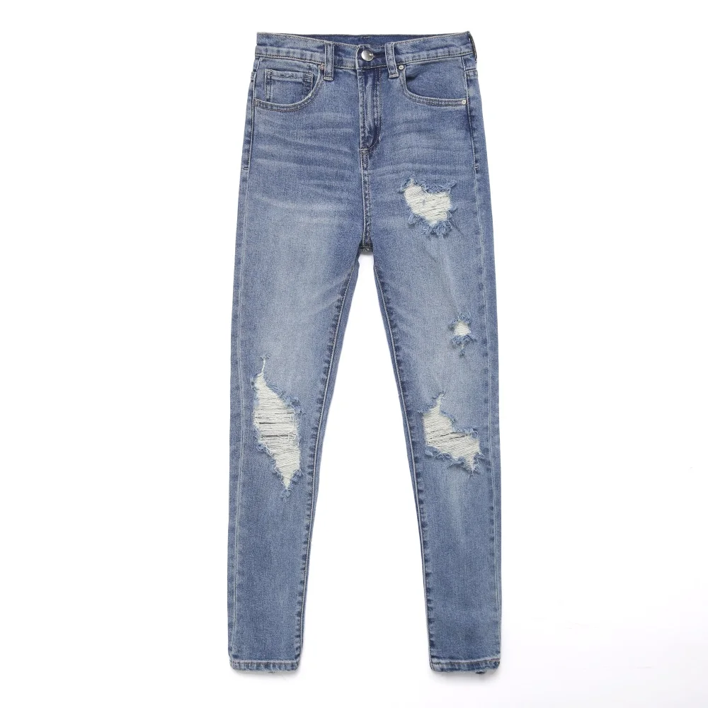 

In stock wholesale stretch distressed jeans pants for woman, Blue