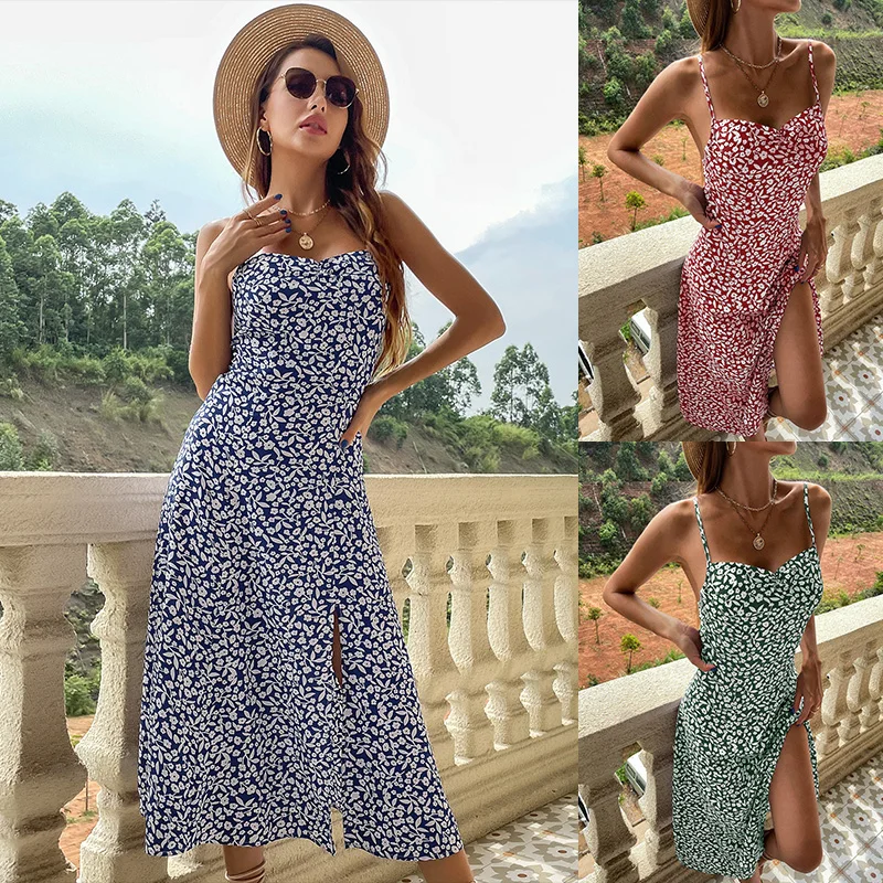 

Newest 2022 Summer Popular Printed Sexy Spaghetti Strap Backless Floral Print Dress