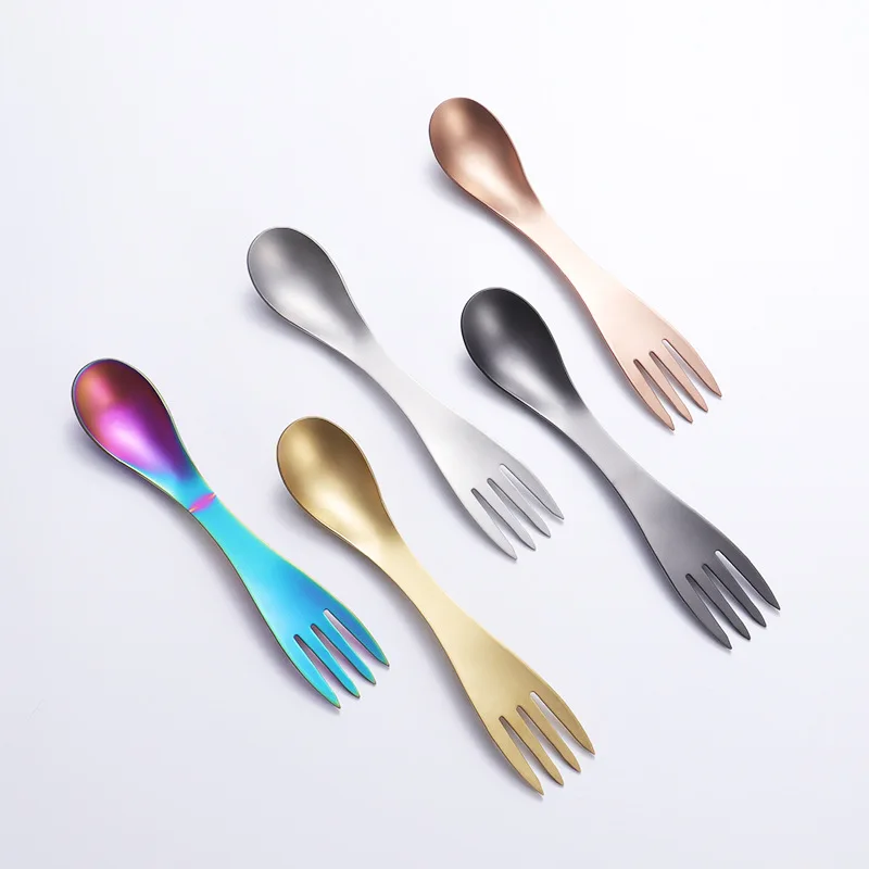 

2-in-1 Durable Portable Camping Cutlery Spork Outdoor Travel Picnic Stainless Steel Fork Spoon, Silver, rose gold, gold, colorful and black