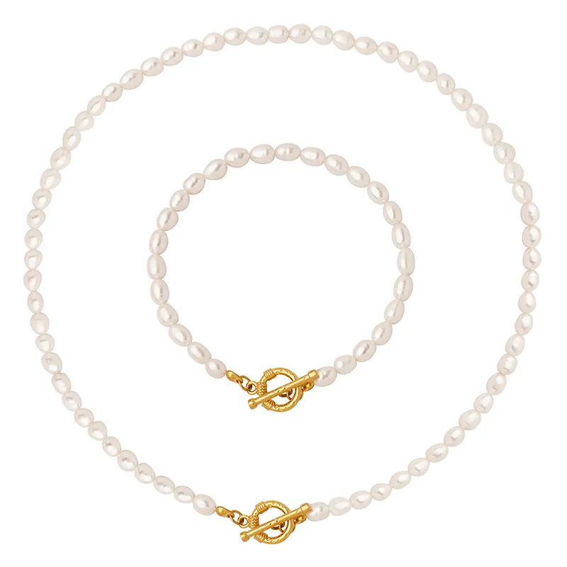 

18K Gold Stainless Steel OT Buckle Fine Fresh Water Pearl Jewelry Set Women Natural Freshwater Pearl Bracelet Necklace for Women