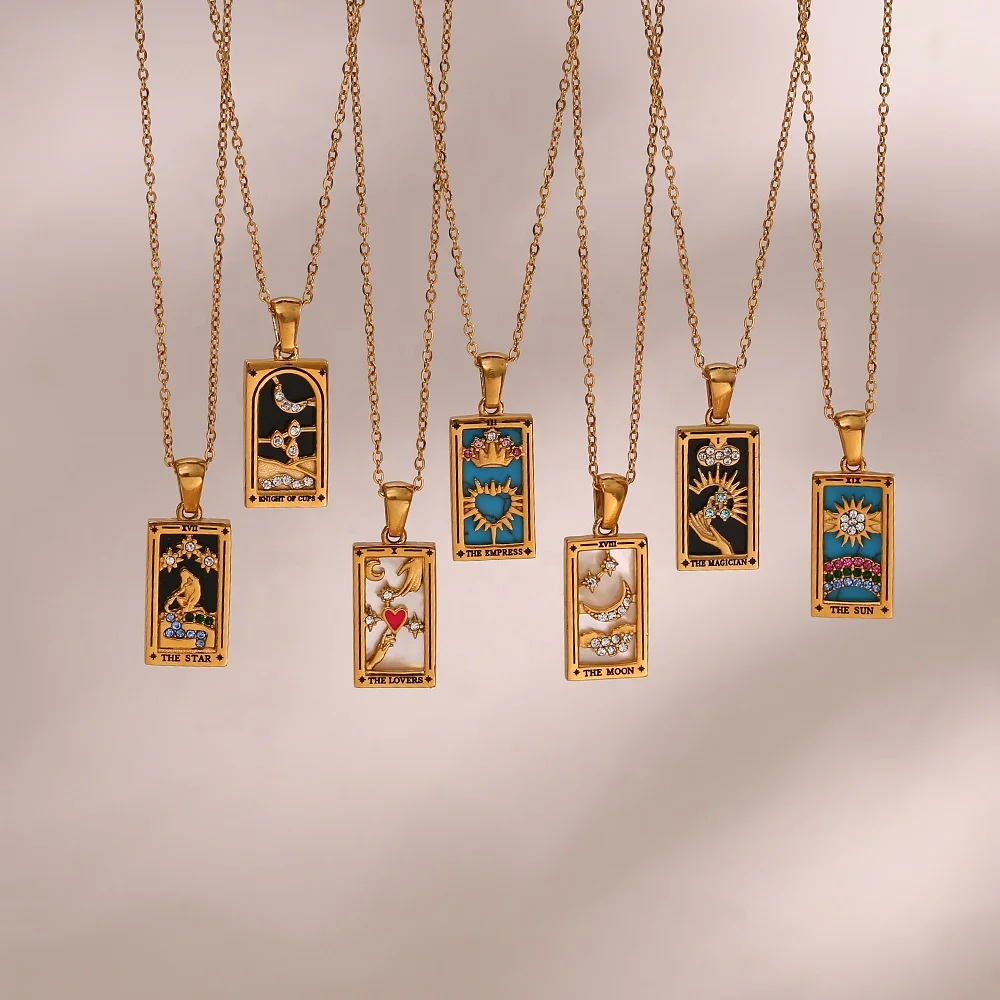 

Trendy 18K Gold Plated Stainless Steel Necklaces Square Colorful Enamel Zircon Tarot Cards Pendant Necklace For Women