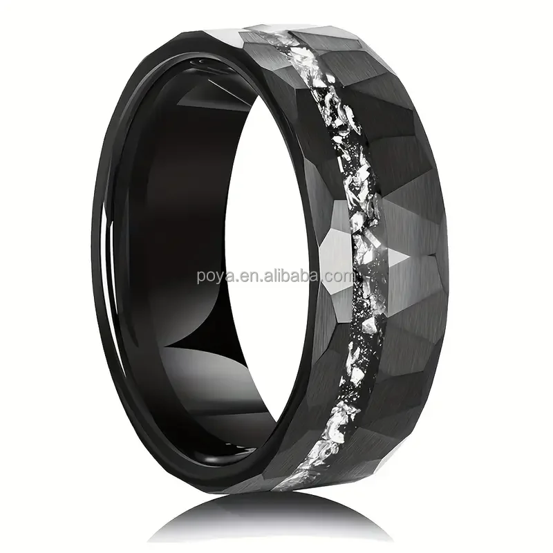 POYA 8mm Black & Silver Tungsten Carbide Ring Hammered with Meteorite Shavings Inlay  for Men's Engagement Wedding Band Gift