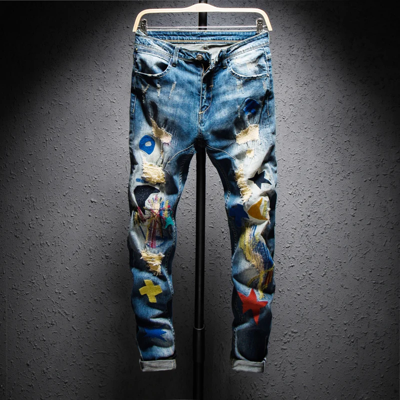 

Men Streetwear Fit Straight Jeans Cotton Denim Trousers Personalized Graffiti Printed Hip Hop Slim Man Stretch Patchwork Male
