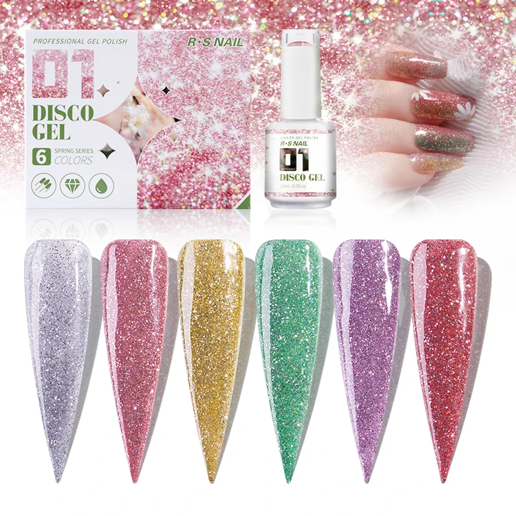 

RS Nail reflective glitter gel nail polish kit 6 colors*15ml uv gel glitter disco reflective gel polish set