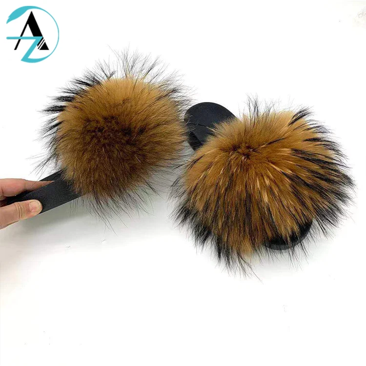 

Custom cheap price designer natural color women furry fur slides fluffy raccoon fur slippers, Single color, mixed color or custom