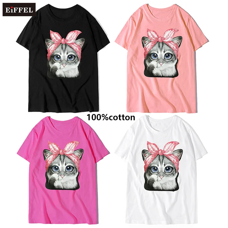 

Women's t-shirts 2021 O Neck Short Sleeve Custom T Shirt Cat Printing White 100% Cotton T shirt Woman